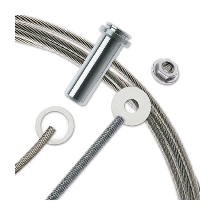 The CableRail Kit includes (1) selected length of 3/16 in cable with pre-attached Threaded Terminal fitting, (1) Quick-Connect® SS fitting, (2) nylon Flat Washers, and (1) stainless steel Snug-Grip® washer nut
