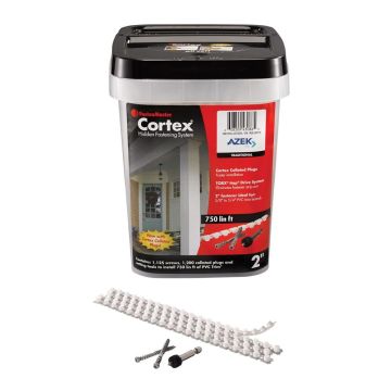 The Collated Cortex Hidden Fastening System for AZEK Trim by FastenMaster includes the Cortex plugs, installation screws, and Cortex setting tools.