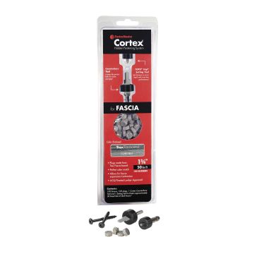 The Cortex Concealed Fastening System for Trex Fascia includes a Counterbore Tool, TORX screw-setting tool, 100 epoxy-coated screws, and 105 color-matching plugs