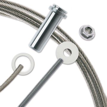 The CableRail Kit includes (1) selected length of 3/16 in cable with pre-attached Threaded Terminal fitting, (1) Quick-Connect® SS fitting, (2) nylon Flat Washers, and (1) stainless steel Snug-Grip® washer nut